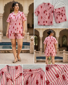 Pyjama court en coton fait main à imprimé crabe pour filles - Magnifique ensemble de vêtements de nuit à manches courtes imprimé au bloc à la main, un chef-d'œuvre - Product Image 6