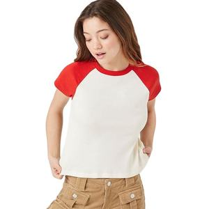 Camiseta de Mujer a la Moda con Manga Corta, Cuello Redondo, Bloques de Color, Estilo Casual, Tejido de Punto Jersey, 100% Algodón, Primavera Verano - Product Image 1