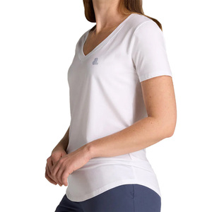 T-shirt pour femme à col en V, manches courtes, couleur unie, logo, vêtement décontracté, coupe classique, tissu jersey 100% coton biologique, séchage rapide, été - Product Image 3
