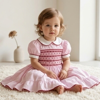 Robe d'été rose pour filles, style anglais, en coton, brodée à la main, motif géométrique, manches bouffantes, longueur genou, superposée, ODM OEM