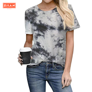 Wholesale Tie Dye T-<b>Shirt</b> For <b>Women</b> <b>Short</b> <b>Sleeve</b> Loose Fit Casual O-Neck Jersey Top Spring Summer Gray <b>White</b> Pattern Ladies Tees - Product Image 1
