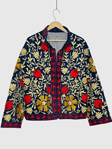 Floral Embroidered Velvet Jacket Mandarin Collar Full Sleeve Plus Size Women'<b>s</b> Winter Elegant Style - Product Image 5