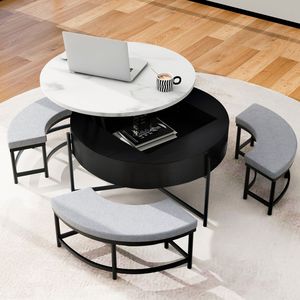 Tavolino da Caffè Moderno Rotondo con Piano Sollevabile e Contenitore, Bianco e Nero, 3 Pouf - Product Image 5