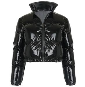 Chaqueta Acolchada Negra de PU con Cuello Alto y Cierre de Cremallera, Ropa Casual de Invierno Unisex, Corta, Impermeable, con Relleno Grueso de Poliéster - Product Image 1