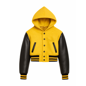 แจ็คเก็ตวาร์ซิตี้แบบครอปสำหรับผู้หญิง - แจ็คเก็ตบอมเบอร์มีฮู้ดสีเหลืองและดำ แขนเสื้อตัดสี สำหรับสตรีทแวร์สุดเท่ - Product Image 1