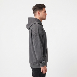 Sudadera con Capucha de Algodón 100% para Hombre, Gris Oscuro, con Pedrería, Estilo Oversize, Personalizada, para Venta al por Mayor, Sudadera Urbana - Product Image 3