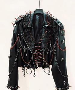 <b>Punk</b> Style Men's PU Leather <b>Jacket</b> With Spikes Chains Skulls Zipper Closure Regular Fit Autumn Wear - Product Image 1