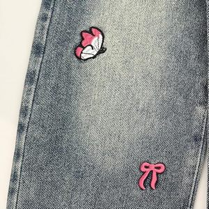 Girls Straight Leg Denim <b>Jeans</b> <b>With</b> Minnie Mouse Embroidery Cute Washed Cotton Pants Mid <b>Waist</b> Full Length Spring Style - Product Image 3