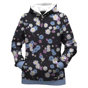 Custom Men's Floral Printed Hoodie Pullover Regular Sleeve <b>Knitted</b> Polyester Winter Style Black Daisy <b>Pattern</b> Front Anti-Pilling - Product Image 1