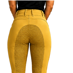 Leggings d'équitation taille haute jaune doré pour femmes, pantalons d'équitation extensibles texturés avec poche avant - Product Image 4