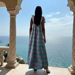 ชุดเดรสยาวสไตล์โบฮีเมียนสำหรับผู้หญิง, เดรสแม็กซี่แขนกุดตัดคอสี่เหลี่ยมปรับสายรัดไหล่ได้ลายดอกไม้สีฟ้าสีเขียว - Product Image 3