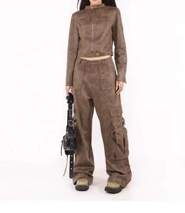 Women <b>High</b> <b>Waist</b> <b>Cargo</b> Pants PU Material Loose Fit Full Length Solid Color Utility Style Autumn Wear With Pockets - Product Image 3