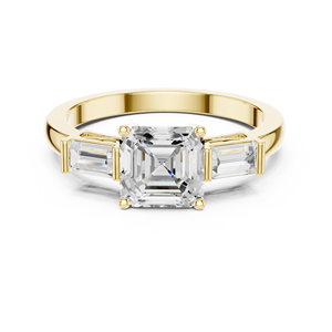Anillo de compromiso de oro amarillo con corte Asscher y tres piedras, con piedras laterales en forma de baguette, elegante anillo de promesa nupcial solitario - Product Image 2