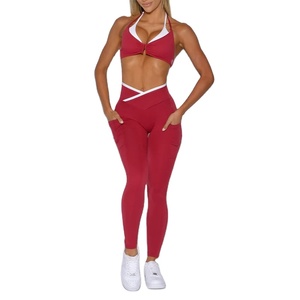 Conjunto de Yoga Personalizado para Mujer en Color Borgoña Sólido con Detalles en Contraste, Top Halter y Leggings de Cintura Cruzada, Calidad Premium, Fabricante de Pakistán - Product Image 1