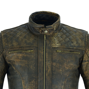 Blouson moto en cuir marron vieilli pour homme, style motard, col montant, fermeture éclair, coupe ajustée, coupe-vent, idéal pour l'automne - Product Image 4