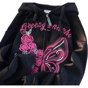 Sweat à capuche noir 100 % coton imprimé, motif brodé en relief, en molleton bouclette, technique délavée, coupe oversize pour l'automne - Product Image 4