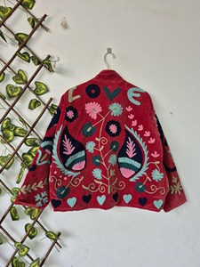 Handmade Pink <b>Velvet</b> Suzani Embroidered <b>Jacket</b> with Floral Pattern Full Sleeve Stand Collar Bohemian <b>Women's</b> Spring Outerwear - Product Image 6