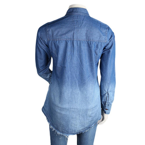Camisa Vaquera de Manga Larga Azul Lavado para Mujer, de Alta Calidad, con Botones Delanteros y Dobladillo sin Rematar, Estilo Western Casual, Novedad 2026 - Product Image 5