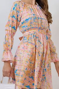 Vestido midi formal acampanado con estampado floral y cuello redondo para mujer, con mangas abullonadas y dobladillo suelto, lavable. - Product Image 2