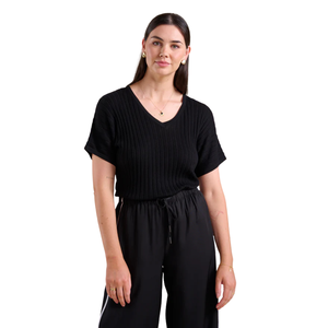 Haut en tricot côtelé à col en V pour femme, manches courtes, coupe ajustée, pull décontracté d'été, extensible et doux, élégant, à porter au quotidien, chemisier pour femme - Product Image 3