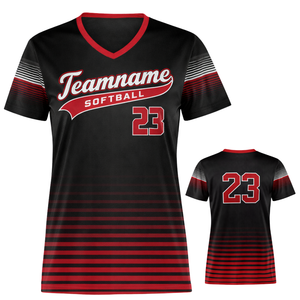 Camiseta de Softbol Sublimada con Degradado Negro y Rojo, Cuello en V, Uniforme Personalizado para Equipo con Número en la Espalda, Corte Atlético - Product Image 1