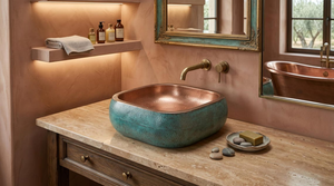 Lavabo de cobre martillado hecho a mano con pátina verdigris, estilo rústico para baño, lavabo de cobre artesanal. - Product Image 4