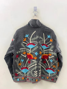 Hand Embroidered Velvet <b>Jacket</b> With Floral Pattern <b>Mandarin</b> <b>Collar</b> Full Sleeve Autumn Women's Coat Gift for Her - Product Image 2