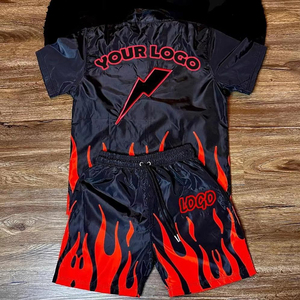 Survêtement pour garçons noir à imprimé flamme, manches courtes, fermeture éclair sur le devant, style sportif, été, séchage rapide, polyester, coupe classique, avec logo - Product Image 3