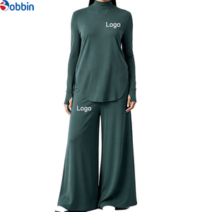 High Quality Hot Selling Soft Stretch Mock Neck Wide Leg Casual 2-Pcs Tracksuit <b>Set</b> Muslim Sportswear Tracksuits Women Clothing - Product Image 6