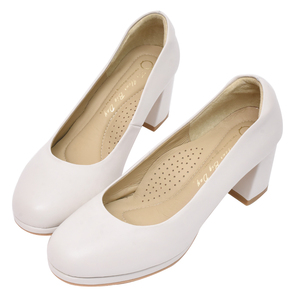 Ann'S Women Genuine Leather Round Toe Block <b>Heel</b> Pumps Breathable Office Shoes Slip-On Solid <b>White</b> - Product Image 1