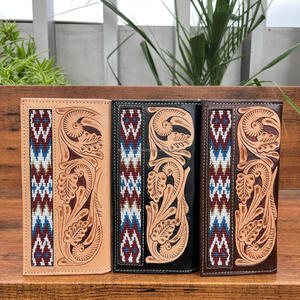 Cartera plegable larga personalizada recién llegada para hombre, piel auténtica mecanizada a mano con Tarjetero con detalles florales y con cuentas - Product Image 4