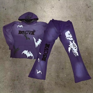Ropa de calle personalizada No Hem Crop Sudadera con capucha para hombre 3D Puff Printing Hoodie y conjuntos de pantalones de chándal Acampanados para hombres y mujeres - Product Image 3
