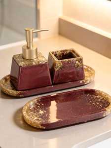 Resin Eco-Friendly Burgundy & Gold Marble <b>Bathroom</b> <b>Accessory</b> <b>Set</b> with Hand-painted Luxury Soap Tumbler & Tray Collection - Product Image 2