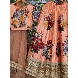 Magnifique Lehenga Choli brodé de créateur de vêtements de fête de couleur pêche - Product Image 4
