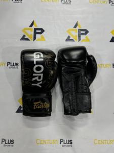 Gants de boxe de compétition Fairtex Glory en cuir noir premium, sangle réglable, durables, confortables, pour le punching et le sparring. - Product Image 1