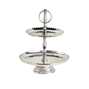 Soporte para pasteles de 2 niveles, plateado, de alta calidad, con asa, elegante bandeja redonda de metal para servir postres, para decoración de bodas y fiestas. - Product Image 3