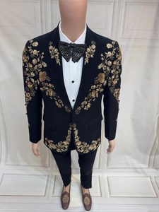 Men’s Black Embroidered Tuxedo Suit Floral Gold Design Wedding Party <b>Blazer</b> <b>Set</b> Custom Formal Suit - Product Image 3