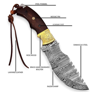 Cuchillo de Hoja Fija de Acero de Damasco con Mango de Madera, Cuchillo Táctico para Supervivencia, Caza, Camping y Actividades al Aire Libre - Product Image 3