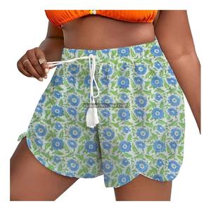 Shorts de algodón con estampado de bloques índigo y cordón ajustable para mujer, estilo loungewear de verano - Product Image 1