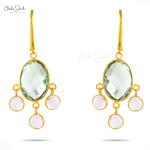 High Polish 925 Sterling <b>Silver</b> Gemstone Dangling <b>Earrings</b> 9.66 CTW Green Amethyst & Rose Quartz Danglers at Factory Cost - Product Image 1