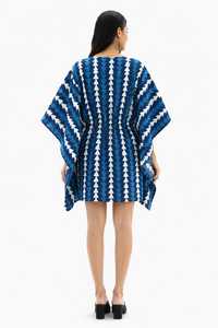 Blue Block Printed Floral Eco-Friendly Cotton <b>Kaftan</b> Dress Loose Midi Woven Boho Casual for <b>Summer</b> Spring Autumn Beach Vacation - Product Image 3