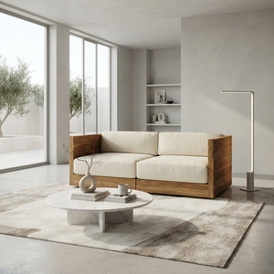 Sofá doble de madera premium, tipo cubo, de 2 plazas, minimalista, moderno, de teca, con cojín cómodo, para decoración de sala de estar. - Product Image 5