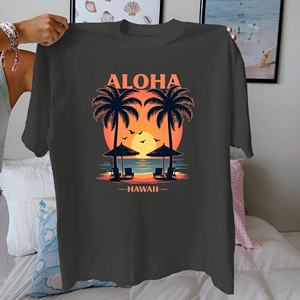 Camiseta de mujer de algodón puro con escena de playa ALOHA y HAWAII, ajuste cómodo - Product Image 2