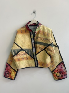 Kantha Vintage Reversible Handmade Spandex/Cotton <b>Jacket</b> with Patchwork Design and Horn Buttons for <b>Women</b> Winter Wear - Product Image 1