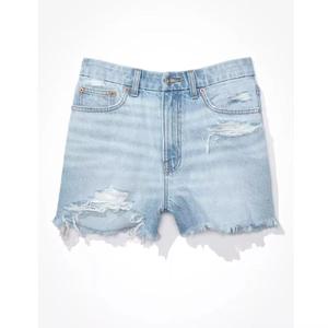 Shorts de Mezclilla Lavada de Cintura Alta, Color Azul Claro, con Dobladillo Deshilachado y Detalles Rotos, Estilo Casual de Verano, Unisex, Tejido de Tela - Product Image 5