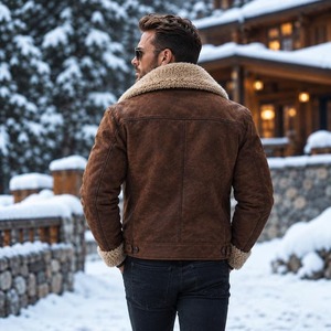 Brown Shearling Genuine Leather <b>Coat</b> for Men, Sheepskin Aviator Jacket, 90s Vintage Winter Jacket, Fur Collar <b>Coat</b>, <b>Warm</b> Gift - Product Image 2