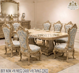 Juego de Comedor King Tapizado con Acabado Dorado Inspirado en Palacios, Estilo Americano, Muebles de Comedor Tallados de Alta Gama a Precio de Fábrica en el Reino Unido - Product Image 4