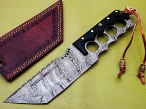 Cuchillo Bowie de Acero de Damasco con Hoja Serrada de Punta Clip y Mango de Asta Natural con Funda de Cuero OEM - Product Image 5