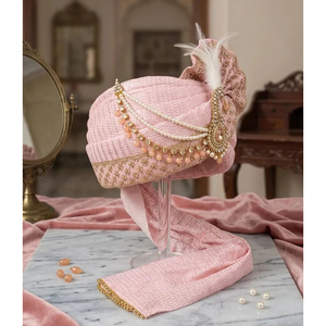 Turbante de Seda Color Oro Rosa para Novio, Adornado con Cristales Zari Color Durazno y Perlas, para Bodas - Product Image 2