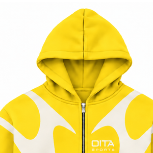 Sudadera con capucha amarilla con paneles en contraste y cremallera completa para hombre, estilo urbano, manga larga, personalizada, informal, de forro polar, con bolsillos. - Product Image 3